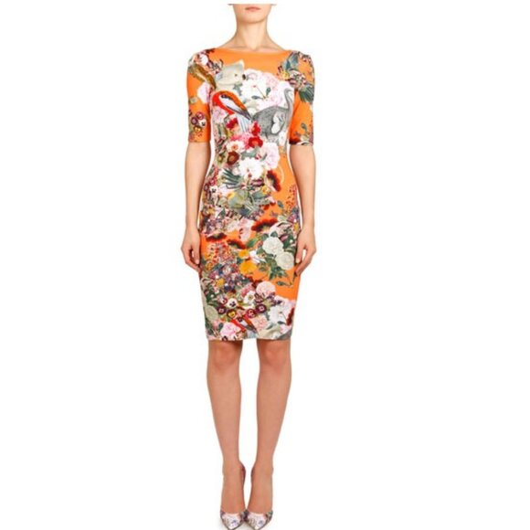 Mary Katrantzou Lobelia Dodo Bird/Koala Print Peach Plie Boat-Neck Jersey Dress - Picture 1 of 14
